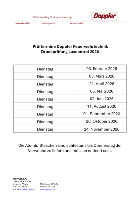 Prüftermine Doppler Feuerwehrtechnik - Druckprüfung Luxcontrol 2026